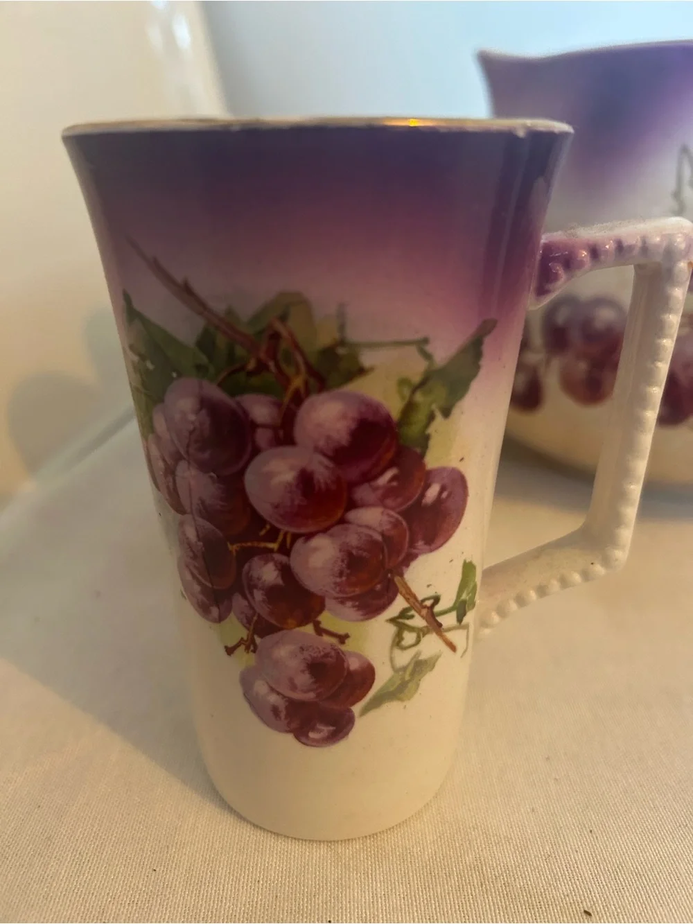Antique Victorian grape lemonade or cider Pitcher and 8 Mug Set Dresden 1890s